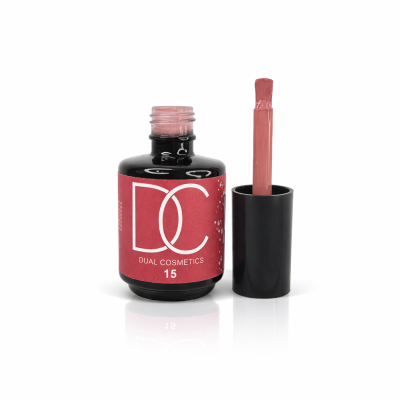 Frasco preto com verniz rosa claro da marca DUAL COSMETICS e pincel ao lado