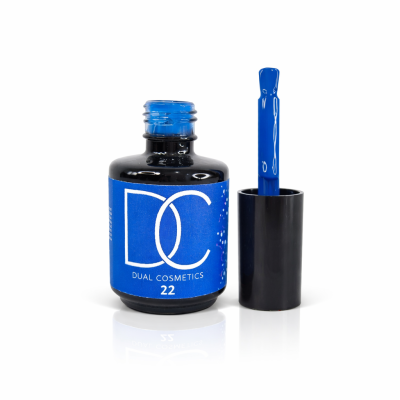 Frasco de verniz de unhas azul com tampa preta e pincel aplicador