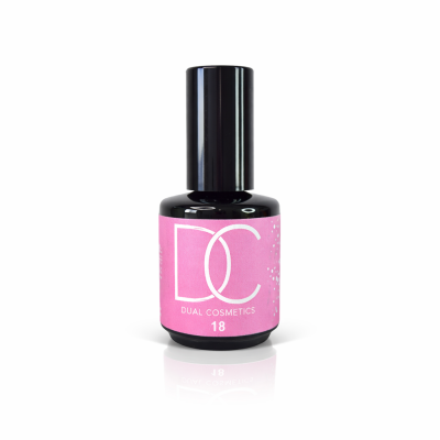 Frasco de verniz de unhas com etiqueta rosa e tampa preta