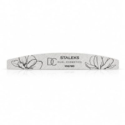 Lima de unhas curva cinza claro com desenhos de flores e texto STAHEKS DUAL COSMETICS 100/180
