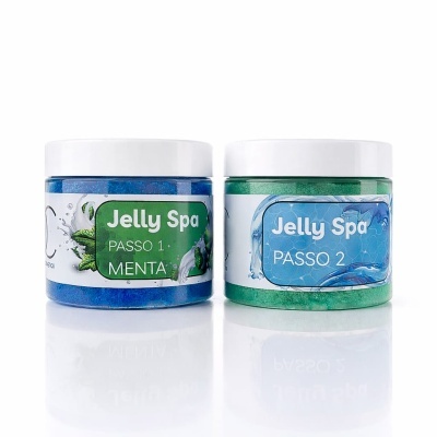 Dois frascos Jelly Spa com rótulos coloridos e tampas brancas