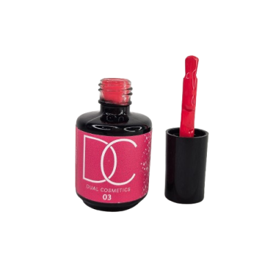 Frasco de verniz de unhas vermelho com tampa preta aberta