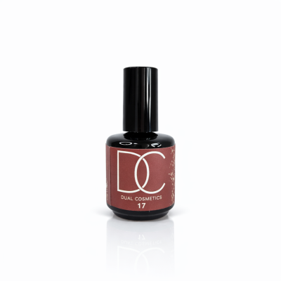 Verniz de unhas preto com rótulo vermelho bordô e texto DC Dual Cosmetics 17