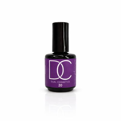 Frasco de verniz de unhas Dual Cosmetics com rótulo roxo e tampa preta.
