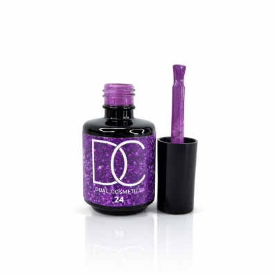Verniz de unhas roxo brilhante Dual Cosmetics frasco com tampa e pincel aberto