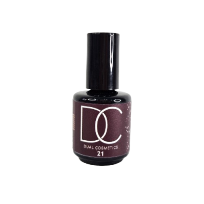 Frasco de verniz de unhas roxo escuro com tampa preta e etiqueta DC Dual Cosmetics 21