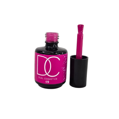 Frasco de verniz de unhas rosa com tampa preta e pincel