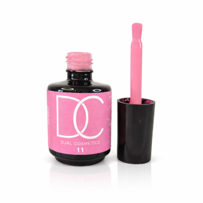 Frasco de verniz para unhas com rótulo rosa e pincel aplicador