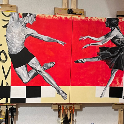 Pintura de duas figuras humanas a dançar, fundo vermelho e letras SLOVEN na lateral