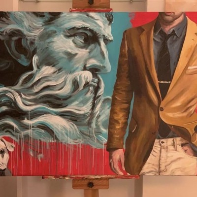 Pintura com rosto clássico azul, homem em blazer castanho e cão branco com preto