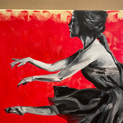 Pintura a óleo de bailarina em fundo vermelho