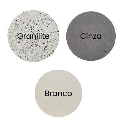Três círculos coloridos Granilite, Cinza e Branco com texto preto