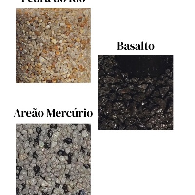Três tipos de agregados para construção: Pedra do Rio, Basalto, Areão Mercúrio