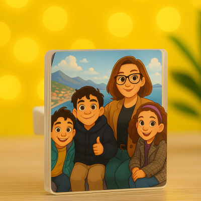 Peça quadrada com ilustração de quatro pessoas sorridentes em fundo com montanhas e céu azul.