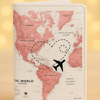 Carteira branca com estampa de mapa-múndi rosa e bege com avião preto e trilho em forma de coração