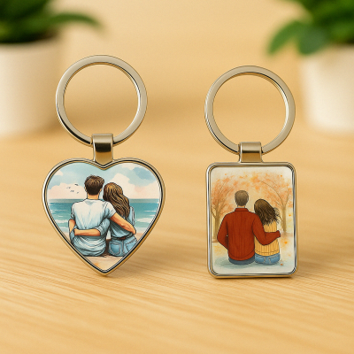 Dois porta-chaves metálicos com imagens de casais sentados juntos e fundo de mar e outono respectivamente.