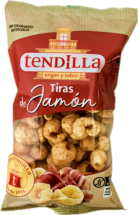 Torresmos Sabor Original 75g Pacote de Tiras de Jamón da marca Tendilla com embalagem castanha e bege
