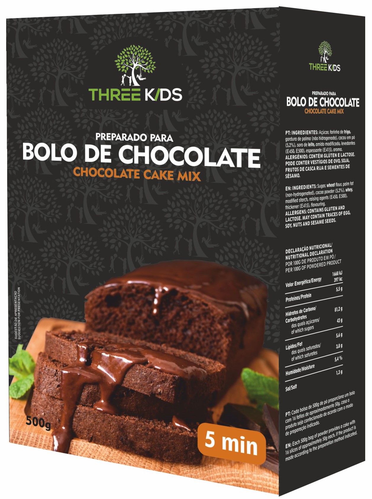 Preparado para Bolo de Chocolate Pacote preto de preparado para bolo de chocolate com imagem de bolo fatiado e informações do produto