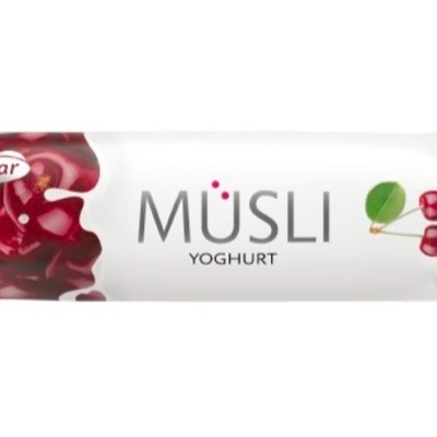 Barra de müesli com iogurte e cereja, embalagem branca com cerejas