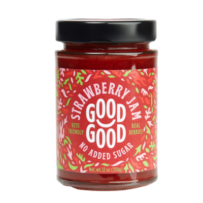 Frasco de compota de morango Good Good com rótulo vermelho e tampa preta