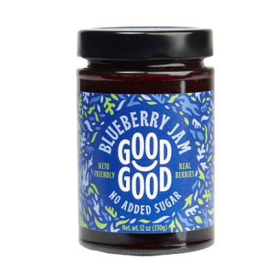Frasco de geleia de mirtilo Good Good com etiqueta azul e tampa preta