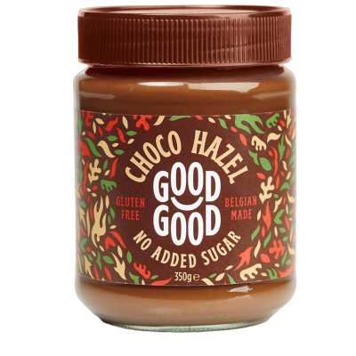 Frasco de creme de chocolate e avelã GOOD GOOD com rótulo colorido e tampa castanha.