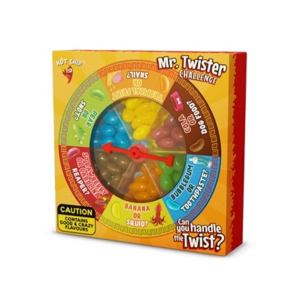 Embalagem do jogo Mr. Twister Challenge com doces coloridos e roleta de sabores