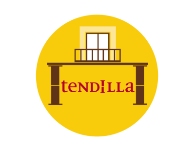 Logótipo com janela, varanda e texto tENDILLA em fundo amarelo