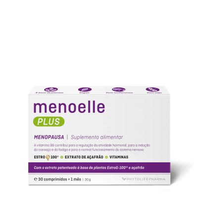 Embalagem de suplemento alimentar menoelle PLUS para menopaussa, com texto informativo e design branco com roxo e verde