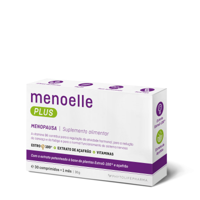 Embalagem do suplemento alimentar Menoelle Plus para menopausa