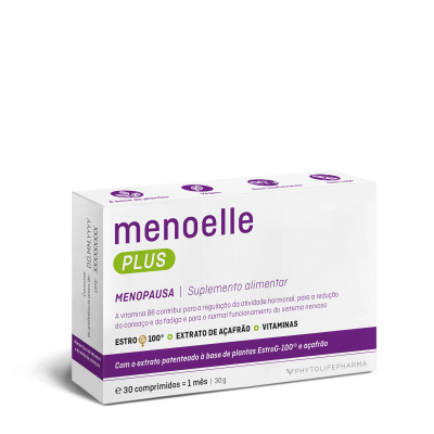 Embalagem suplemento menoelle PLUS menopausa com extrato de açafrão e vitaminas