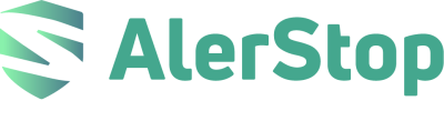 Logótipo com escudo verde azulado e texto AlerStop