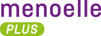 Logótipo menoelle PLUS com texto em roxo e verde