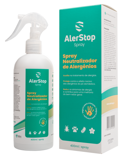Frasco e caixa do spray AlerStop Neutralizador de Alergénicos 400ml