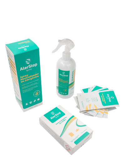 Produto AlerStop Spray com embalagem verde e branca e frasco spray branco