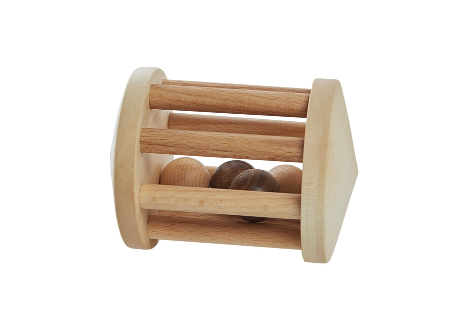Brinquedo de madeira com bolas em estrutura cilíndrica