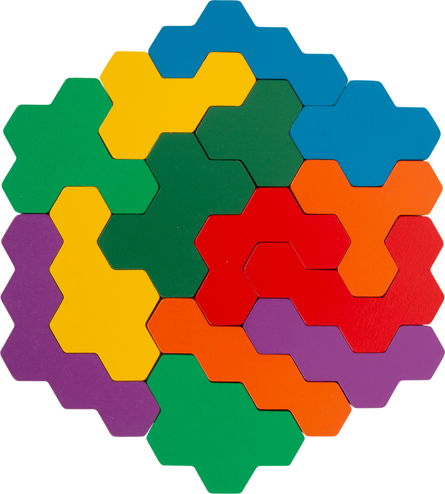 Quebra-cabeças hexagonal colorido com peças entrelaçadas em várias cores.
