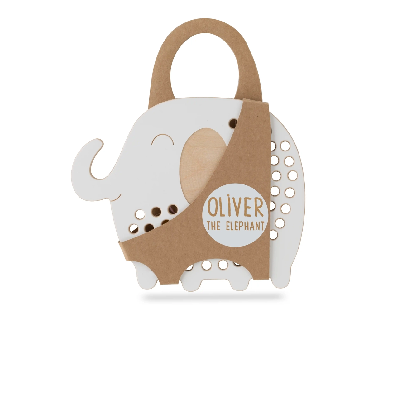 Brinquedo elefante com recortes e texto Oliver the Elephant