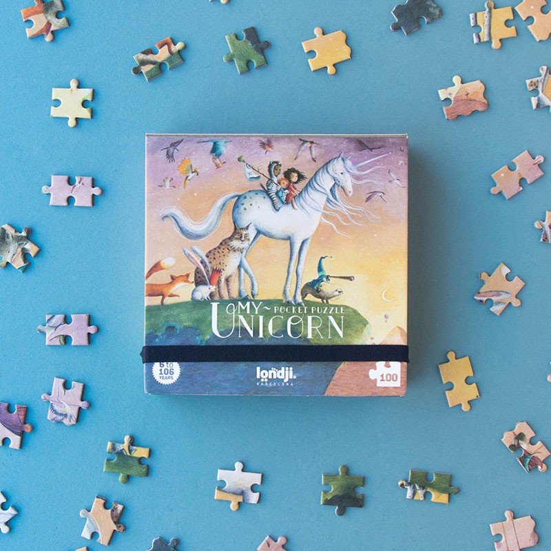 Caixa de puzzle de bolso com desenho de unicórnio e animais e peças de puzzle à volta
