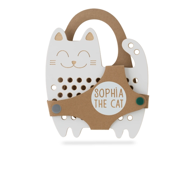 Brinquedo ou objeto decorativo gato branco com alça castanha e texto SOPHIA THE CAT