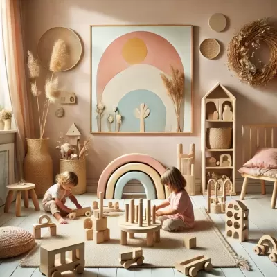 Crianças a brincar com brinquedos de madeira em sala decorada com quadro abstrato colorido e elementos naturais