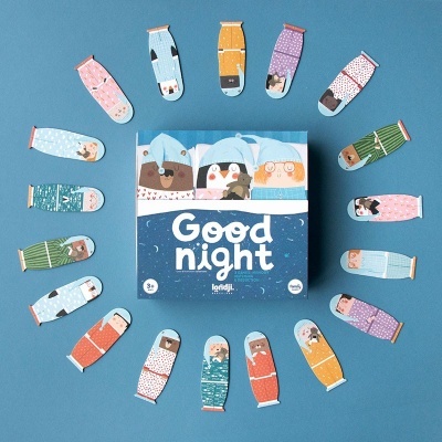 Jogo de cartas 'Good night' Londji, cartas com personagens a dormir e caixa no centro com fundo azul