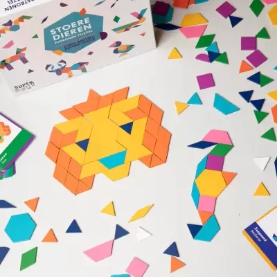 Peças geométricas coloridas de madeira e cartas do jogo Stoere Dieren sobre mesa branca