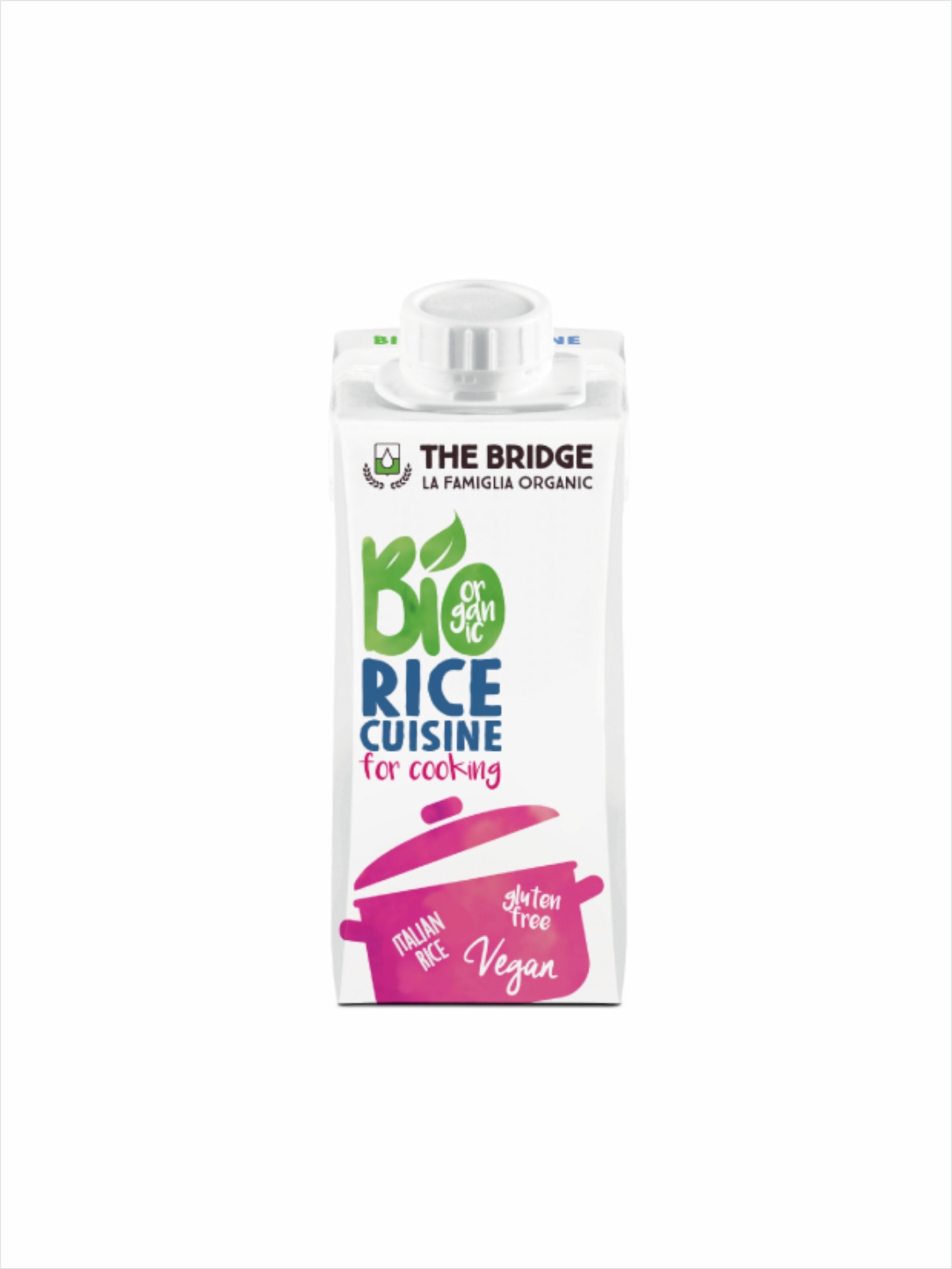 Creme de arroz para culinária #TheBridge Caixa branca de bebida orgânica para cozinha feita de arroz com texto e desenho de panela rosa
