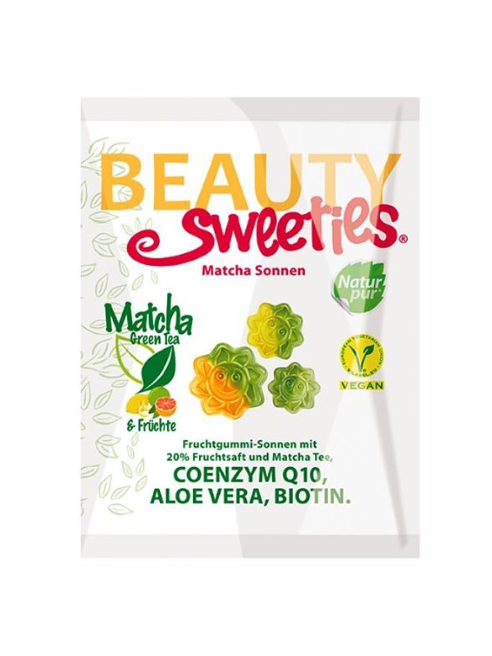 Gomas de fruta com Matcha "sol" #BeautySweeties sem glúten Embalagem branca de gomas coloridas em forma de sol com texto sobre matcha e ingredientes