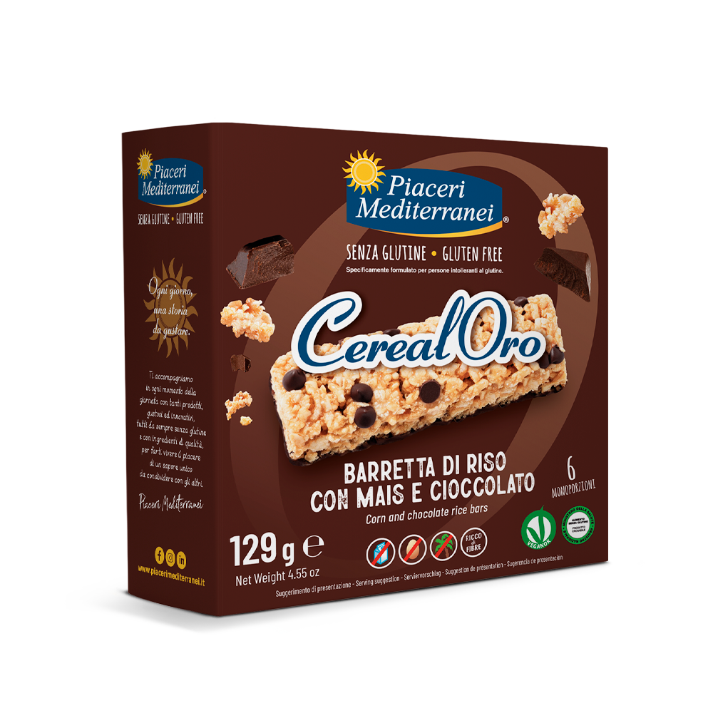 Barra de cereais com chocolate sem glúten #PiaceriMediterranei Embalagem castanha de barras de cereais Cereal Oro sem glúten com milho e chocolate