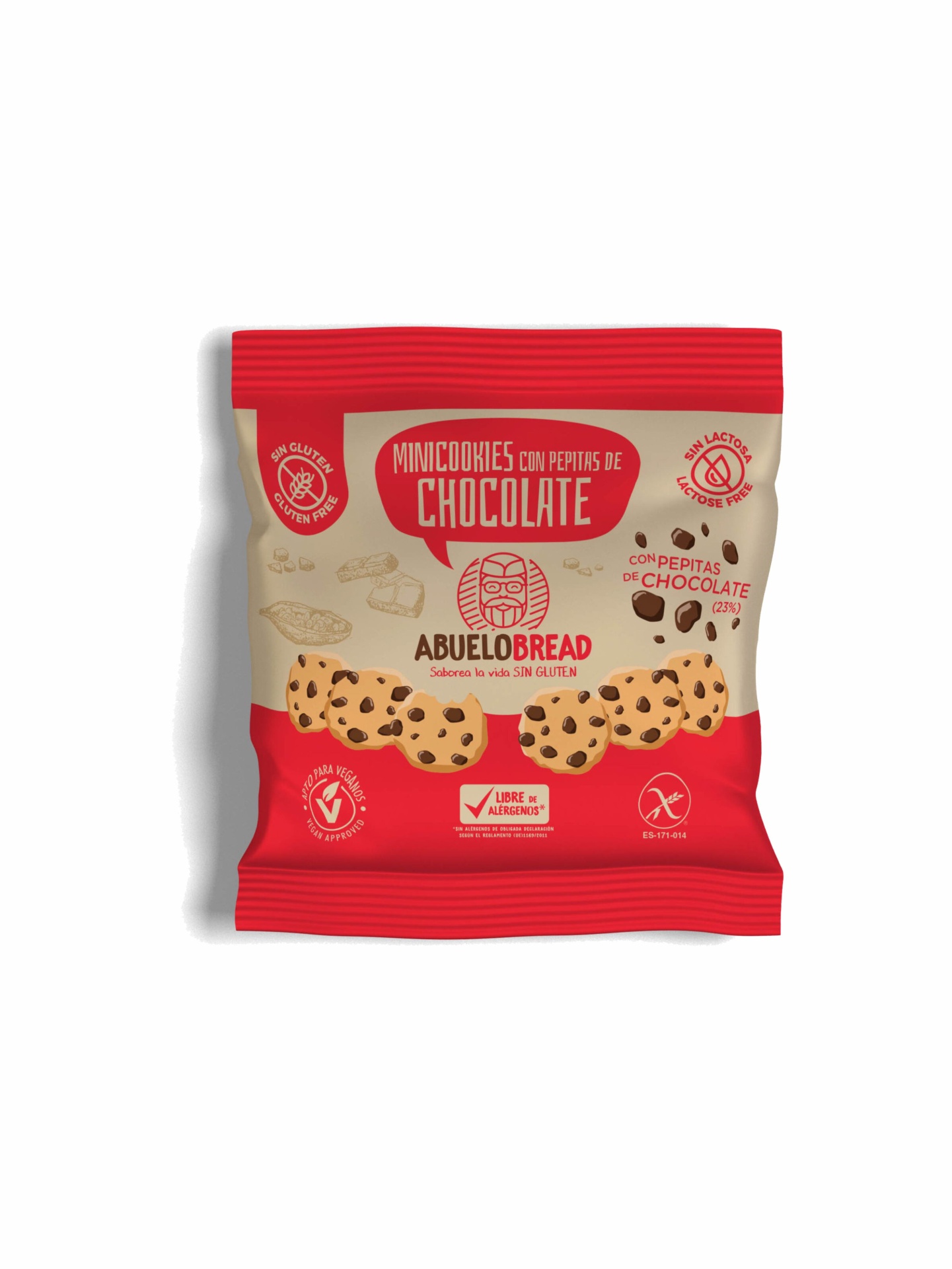 Mini-bolachinhas c/pepitas choc. #AbueloBread sem glúten Embalagem vermelha e creme de minicroquetes com pepitas de chocolate ABUELO BREAD