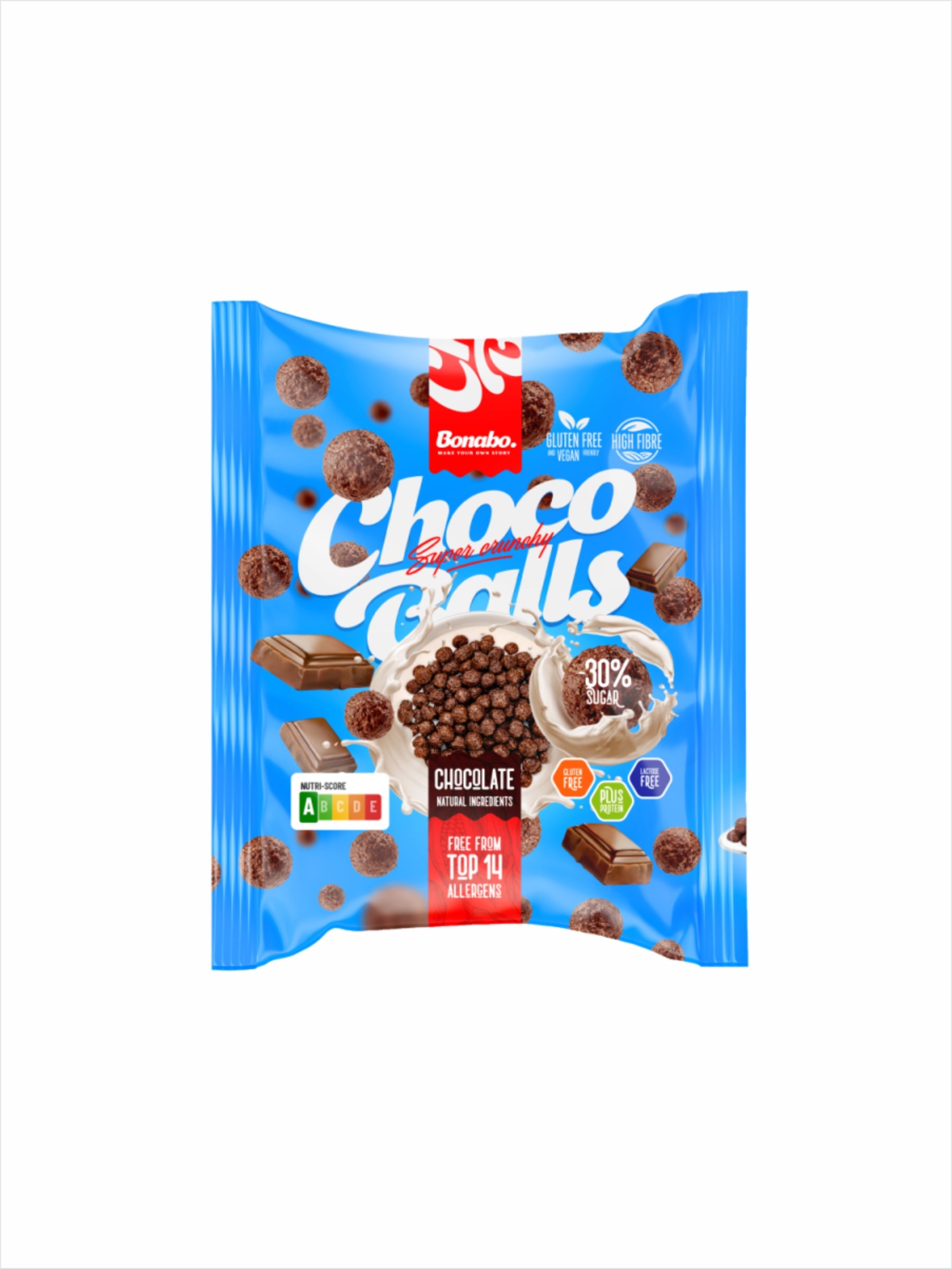 Cereais choco balls sem glúten 30g #Bonabo Pacote azul de cereais de chocolate crocantes Bonabo Choco Balls com texto e imagens de cereal e chocolate