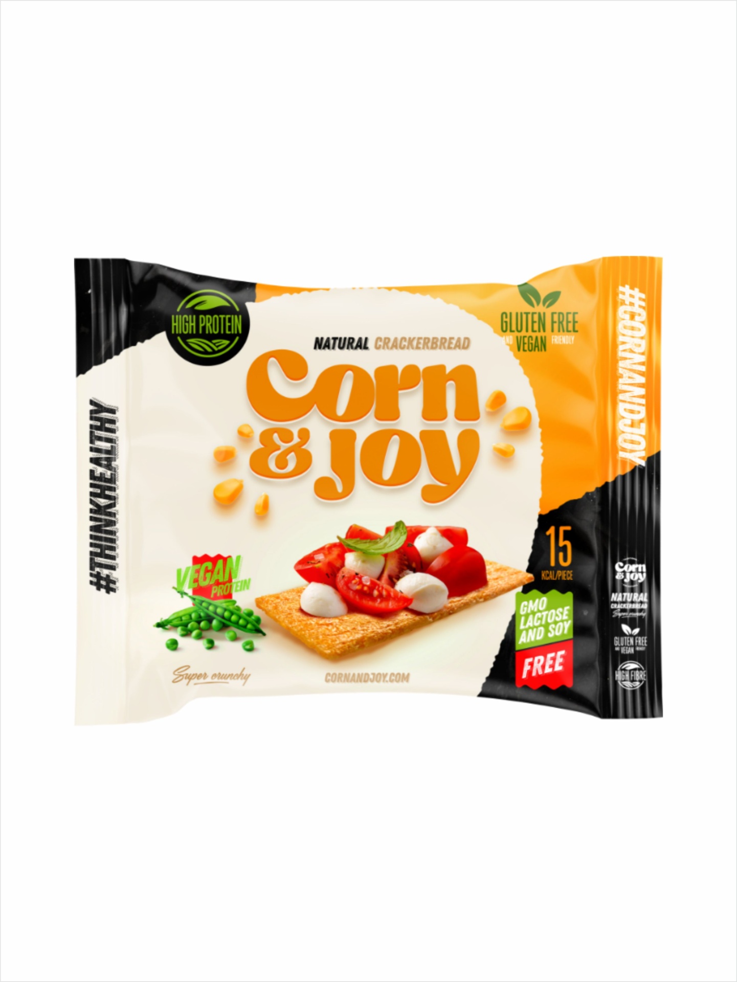 Tostas neutras com proteína vegan sem glúten #Corn&Joy Embalagem Corn & Joy natural crackerbread com informações de alta proteína, sem glúten e vegan.