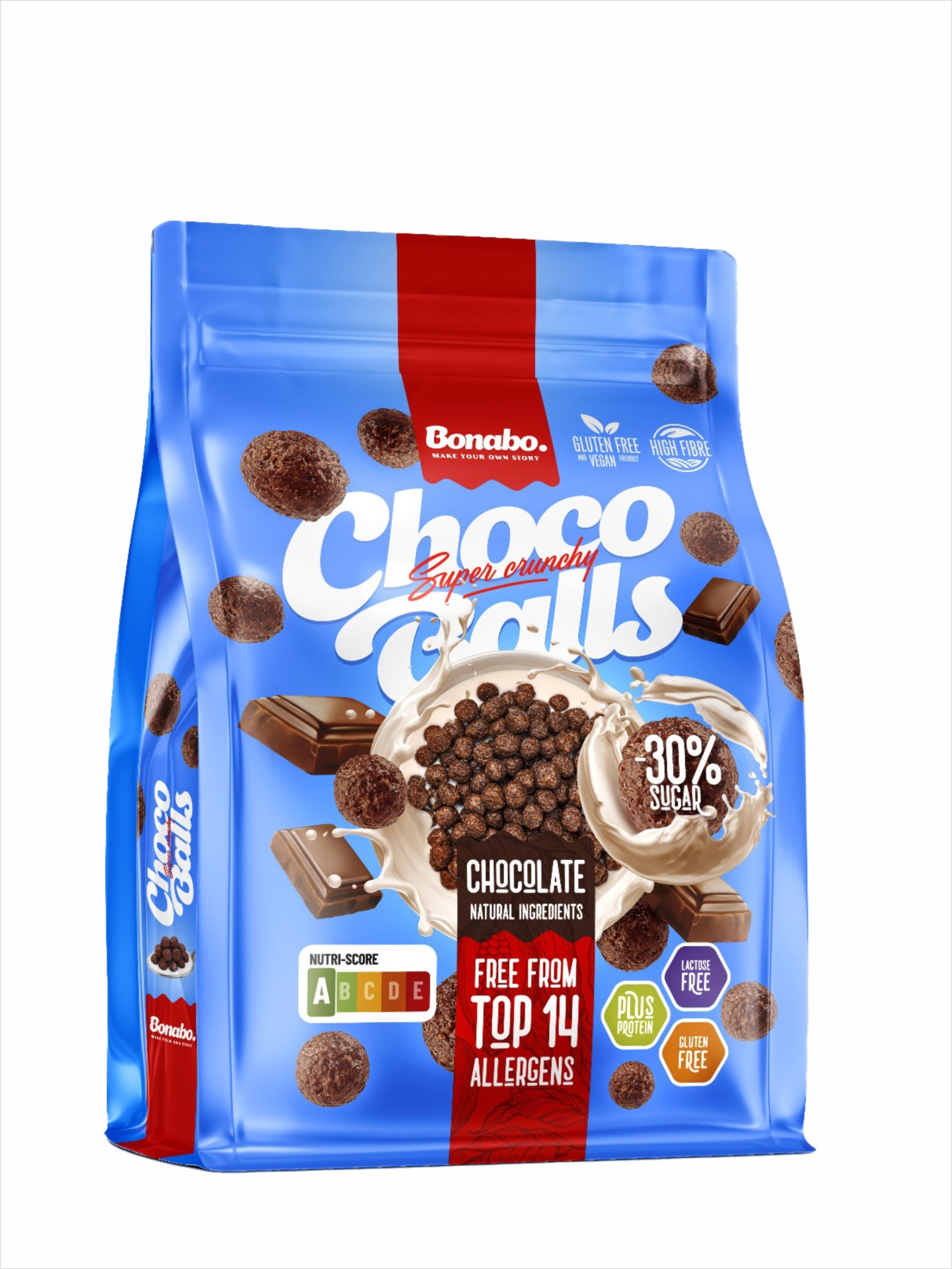 Cereais choco balls sem glúten #Bonabo Pacote azul de cereais de chocolate crocantes Bonabo com várias informações nutricionais e etiquetas de ingredientes